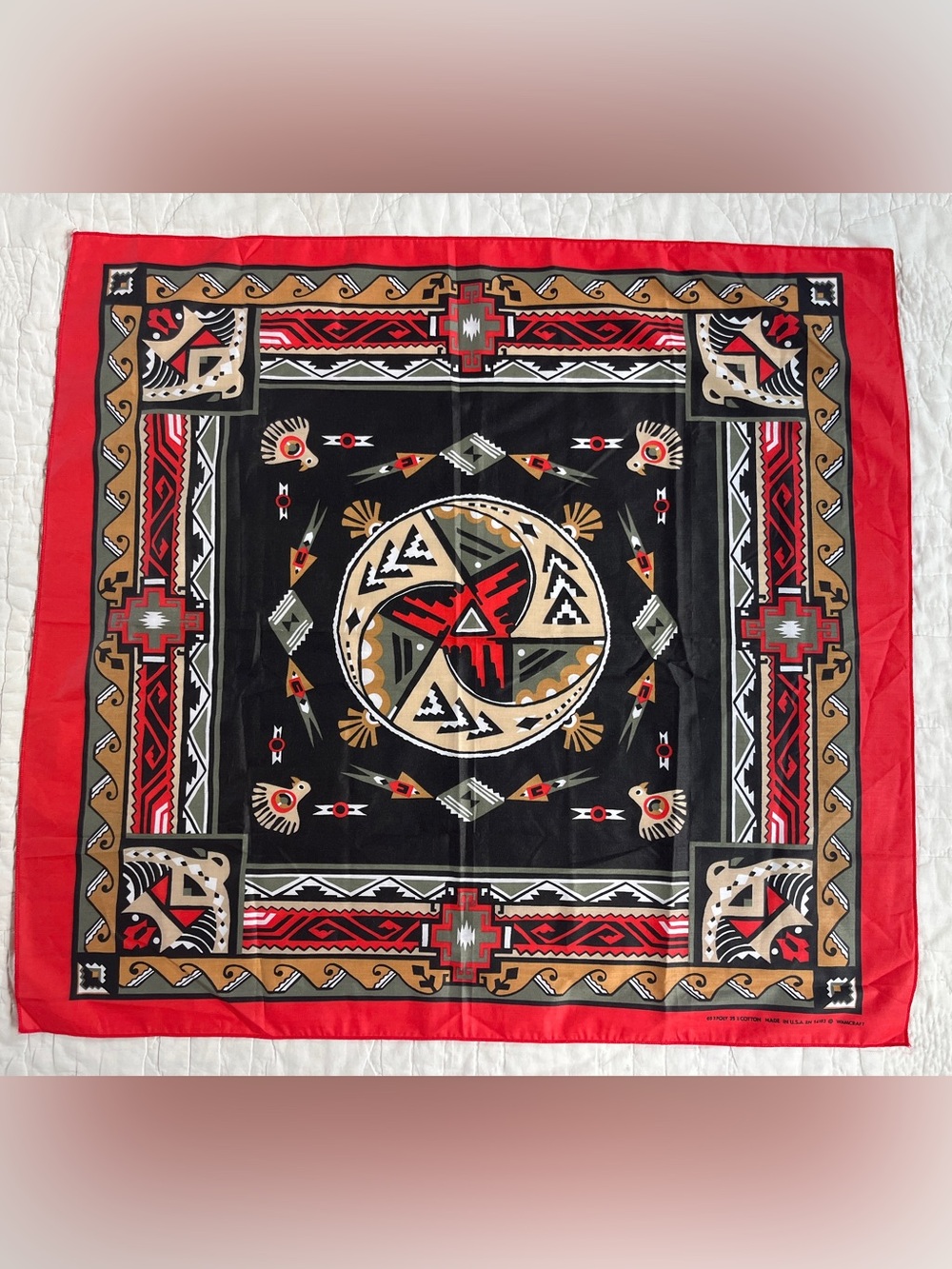 Vtg Wamcraft Bandana USA Southwest Aztec Native American Tribal Print Eagle Red